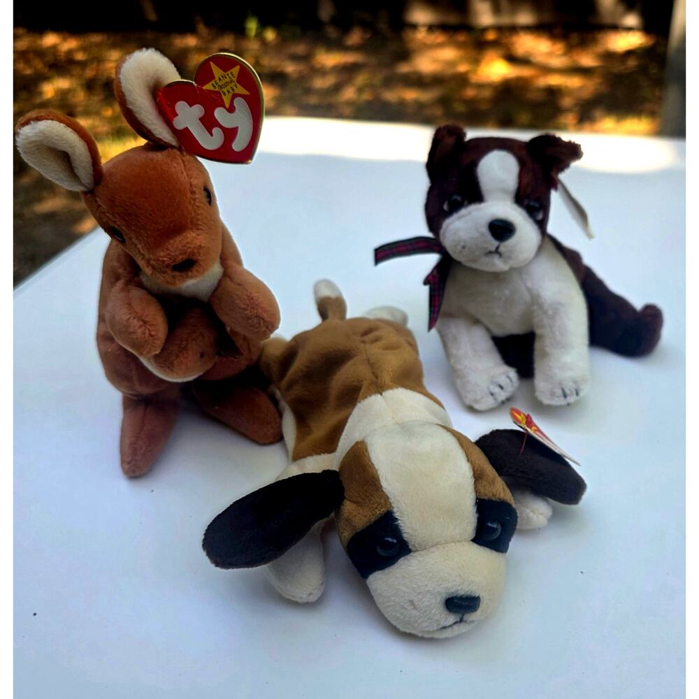 Vtg TY Beanie Babies Lot of 3 Ears Rabbit Bernie St Bernard Bruno Dog w/ Tags